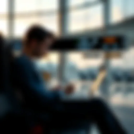 A traveler looking at a laptop and writing down a seed phrase while sitting at an airport