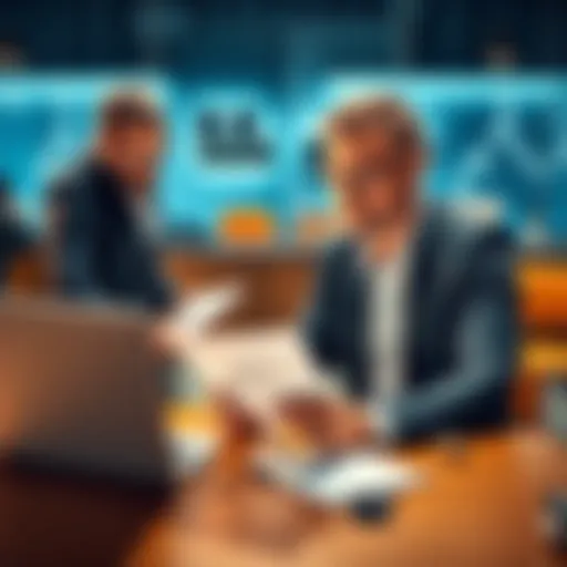 An accountant advising a person on selling Ethereum with paperwork and a laptop