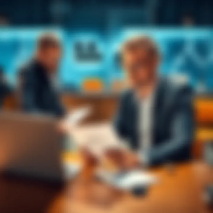 An accountant advising a person on selling Ethereum with paperwork and a laptop