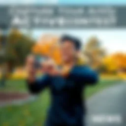 A person capturing their active moment while jogging in a park, with a smartphone in hand and a bright smile.
