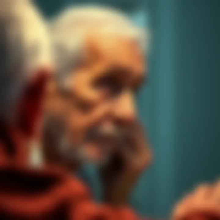 An older person looking thoughtfully in a mirror, contemplating the future of aging perceptions.