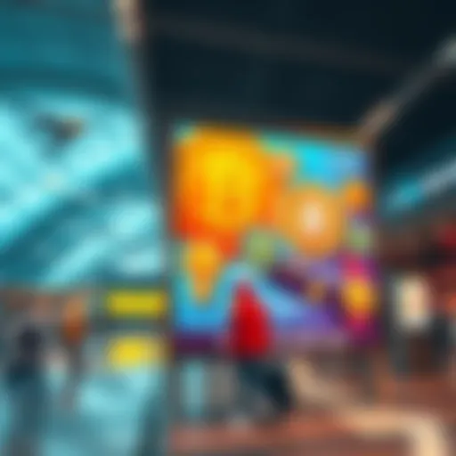 A colorful airport advertisement showcasing various meme coins, attracting travelers' attention