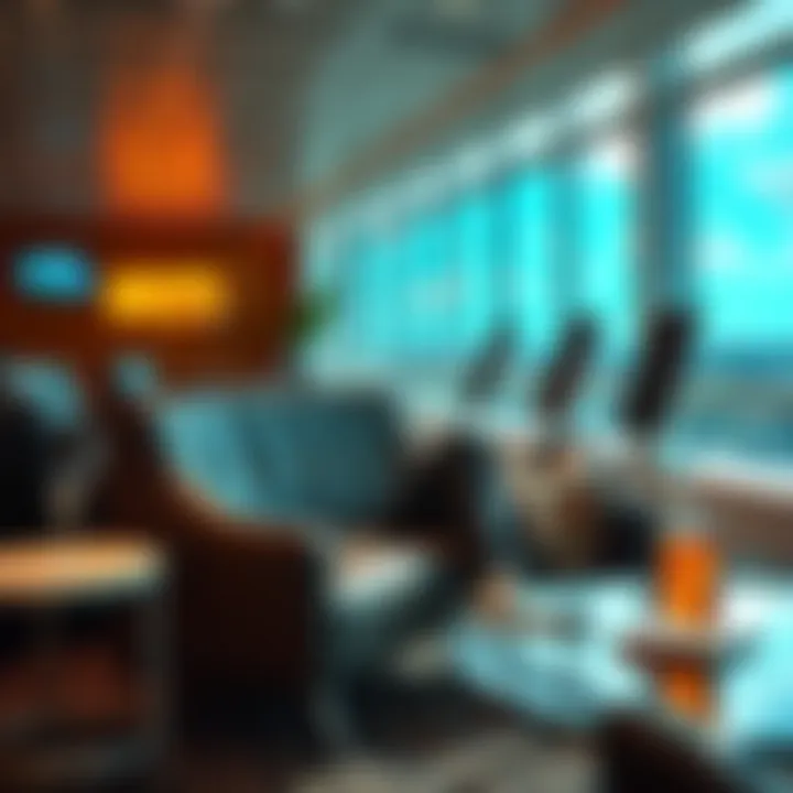 A traveler relaxing in an airport lounge with comfortable seating and refreshments nearby.