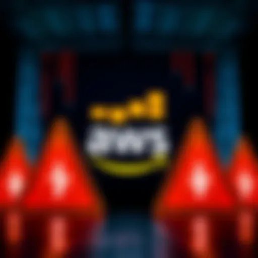 A graphic showing the Amazon AWS logo with warning signs and icons representing Coinbase and Robinhood applications affected by the outage.