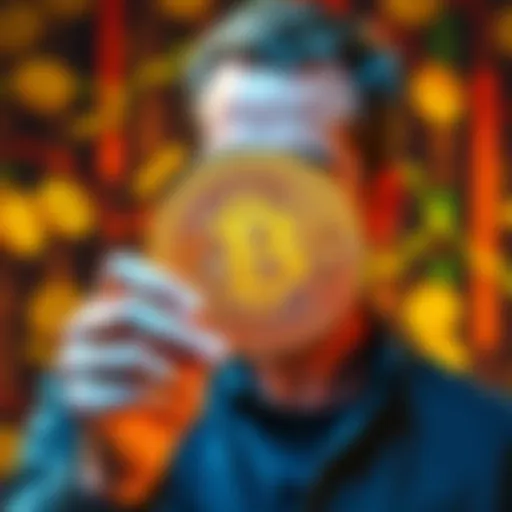 Andrew Tate holding a Bitcoin, symbolizing his claim of owning a large amount in cryptocurrency, with a digital currency background