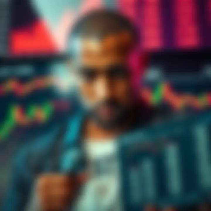 Andrew Tate looking concerned over financial charts showing losses due to Kanye West’s YZY shorts.