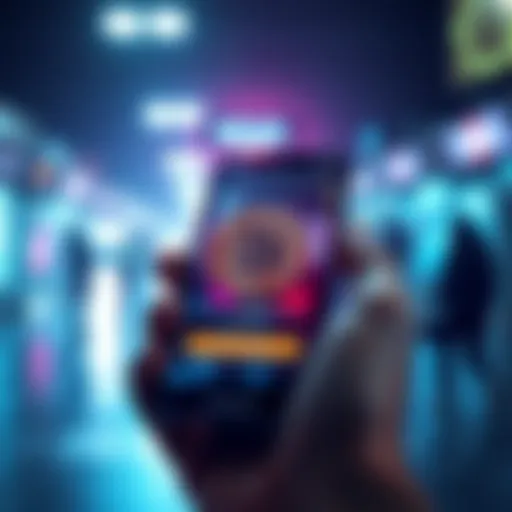 A smartphone displaying an anti-kidnapping app with a Bitcoin logo and facial recognition feature on the screen