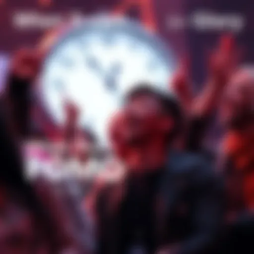 A group of people excitedly looking at a clock, symbolizing anticipation for an upcoming event.
