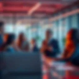 An Arrow Distribution Company representative discussing strategies with a team in a modern office setting.