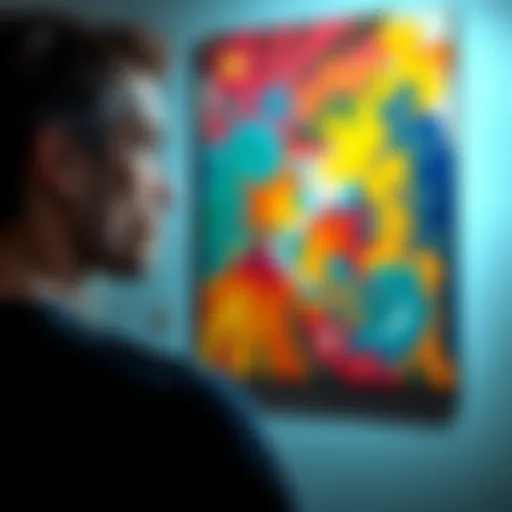 An artist with a thoughtful expression gazes at their colorful painting displayed on a wall, reflecting on the feelings of rejection.