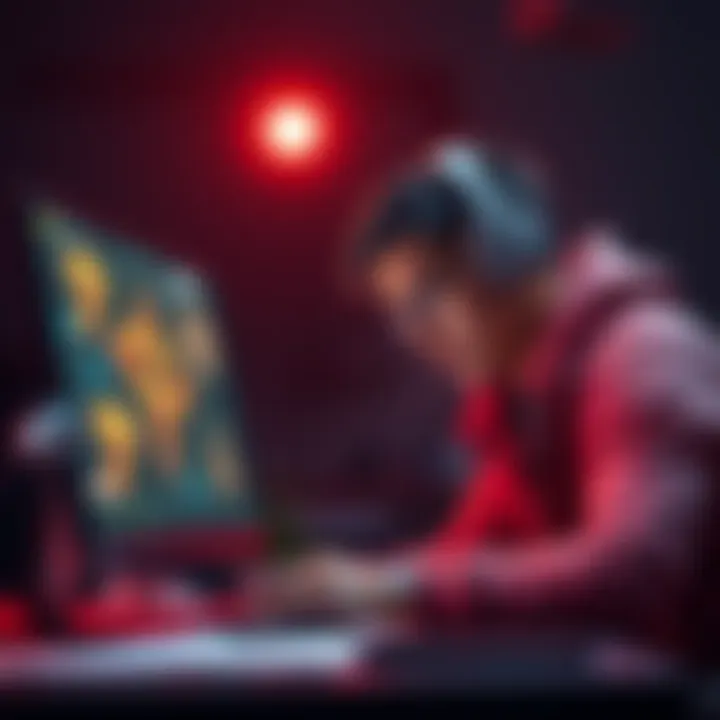 An artist looking at their digital artwork on a computer screen with a worried expression about minting fees and platform safety.