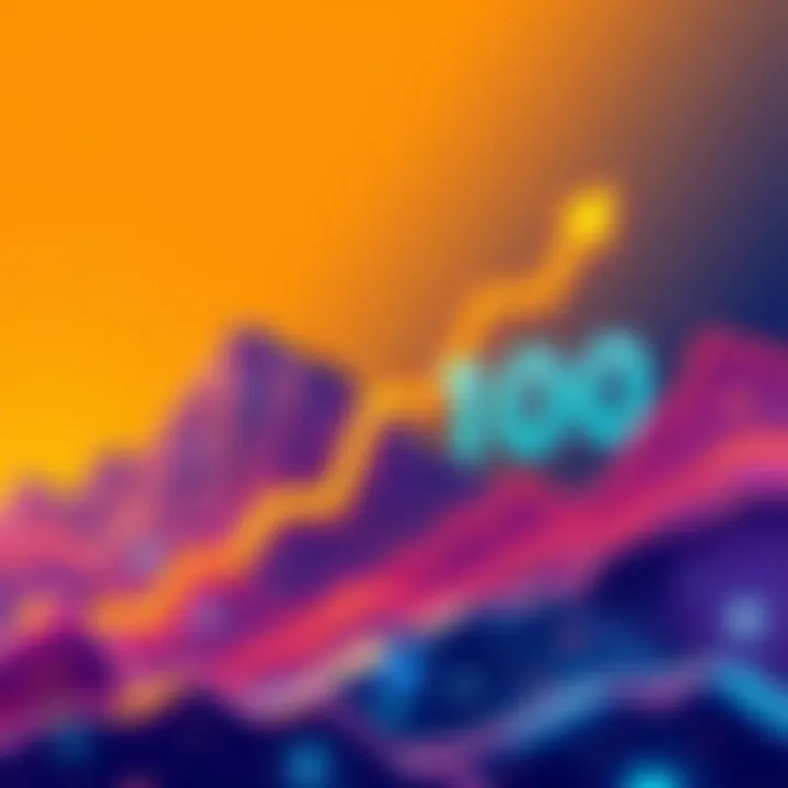 An illustration showing an upward trend in Arweave's price with the number $100 highlighted, representing future predictions for the cryptocurrency by 2025.