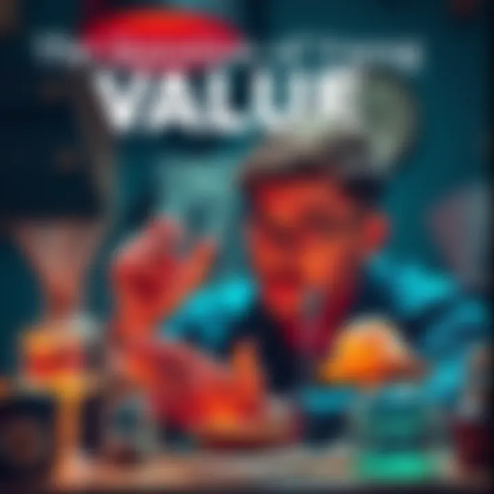 A person thoughtfully examining various objects symbolizing worth, like money, art, and personal items, conveying the idea of value assessment.