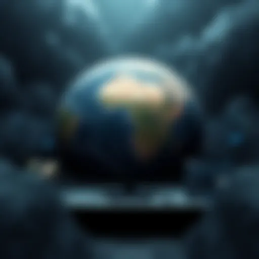 A digital depiction of the Atlas Earth platform with a gloomy atmosphere, showing a fading earth map and darkened user interfaces, reflecting uncertainty about its future.