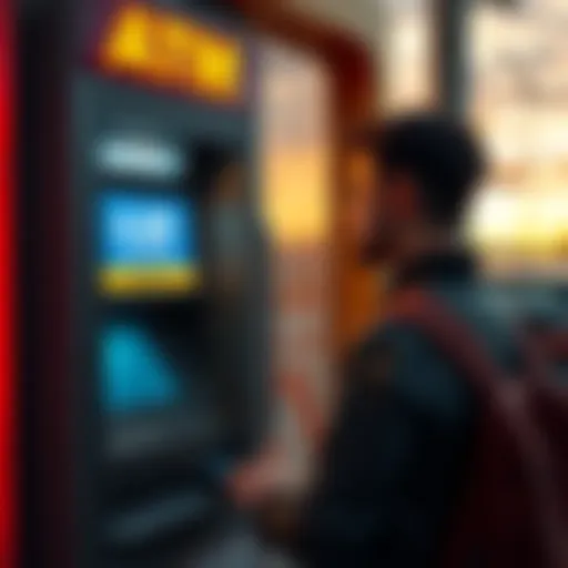 A traveler using an ATM in Bosnia-Herzegovina, showing the fee display on the screen, highlighting new charges for cash withdrawals, with the city's skyline in the background.