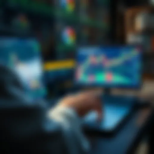 A person setting up an automated investment system on their laptop with stock market graphs on the screen.