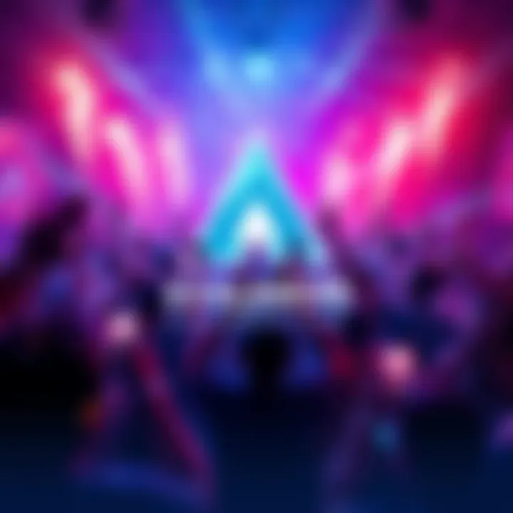 A vibrant party scene with people celebrating around a large Avalanche logo, showcasing excitement and positivity.