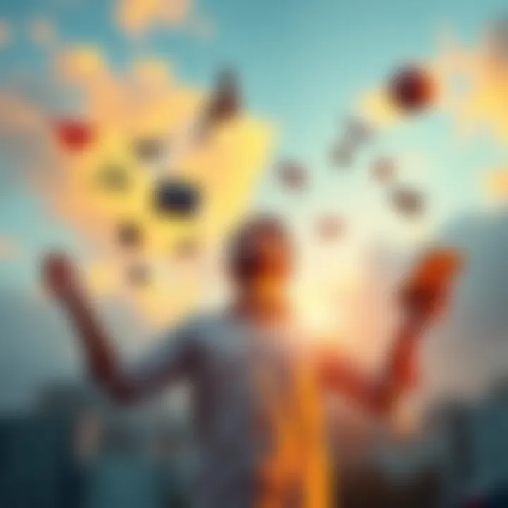 Balancing Life and Work A person juggling various responsibilities like work, family, and hobbies, symbolizing the balance between life and work.