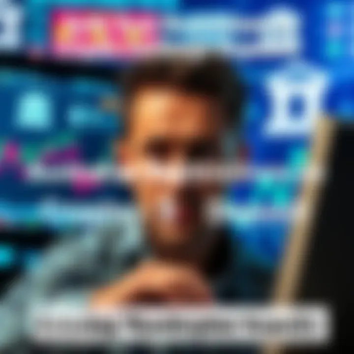 A person looking frustrated at a computer screen while trying to deposit money into a crypto exchange, with currency symbols and bank logos in the background