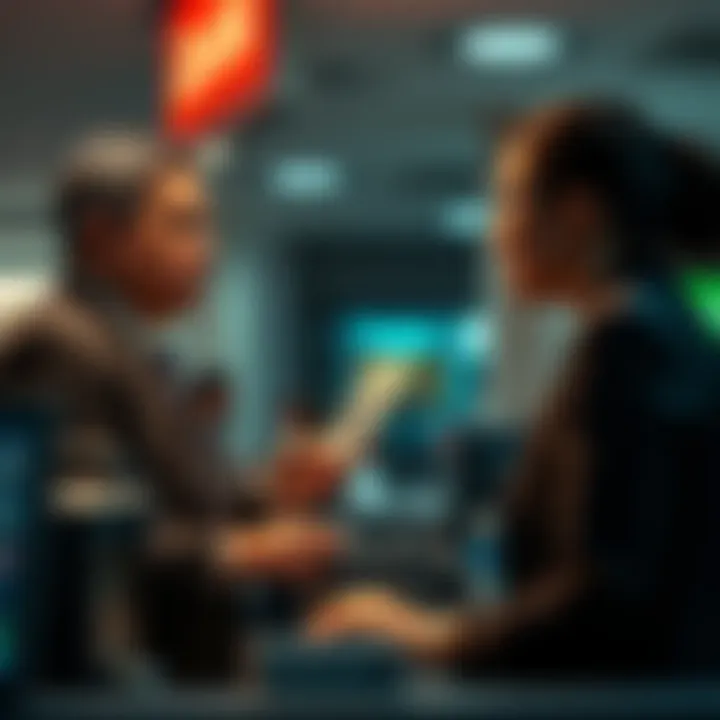 A bank teller is asking a customer about their cash withdrawal, creating a tense atmosphere inside the bank.