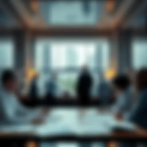 A detailed view of a bank's interior showing people discussing finances with documents and charts on a table.