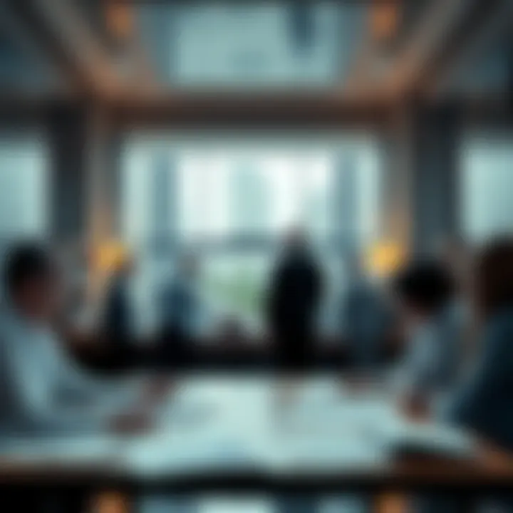 A detailed view of a bank's interior showing people discussing finances with documents and charts on a table.
