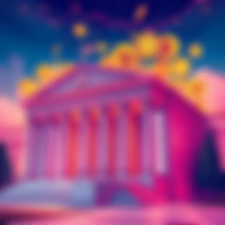 Illustration of a bank building with digital currency symbols around it, representing U.S. banks entering the cryptocurrency market.