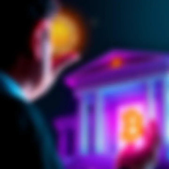 A person comparing a bank building to a Bitcoin symbol, representing investment choices