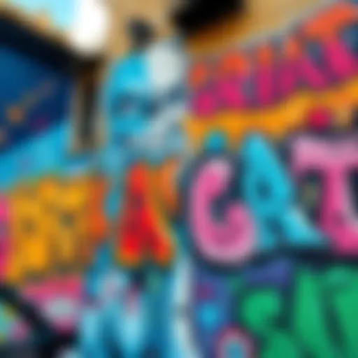 Vibrant street art on a city wall in Barcelona with lively characters and patterns