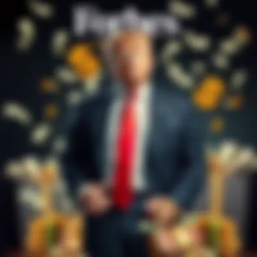 Barron Trump standing confidently with symbols of wealth around him, such as money and luxury items