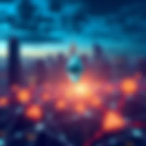 Illustration of the Base Ethereum L2 network with a digital representation of USDC coins and a backdrop of a modern city skyline.