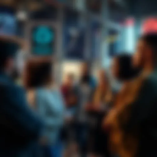 A group of diverse people engaging in a discussion about social media and identity in a modern urban setting, reflecting on the term 'based'.