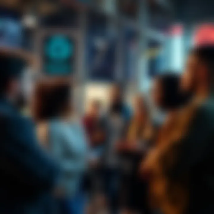 A group of diverse people engaging in a discussion about social media and identity in a modern urban setting, reflecting on the term 'based'.