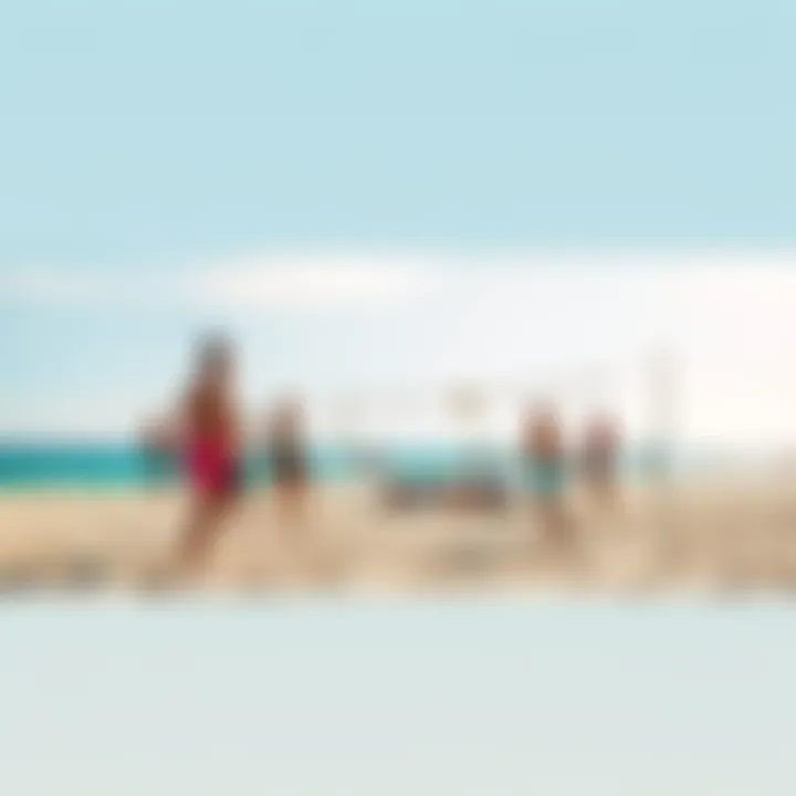 Group of people enjoying a beach day playing volleyball and relaxing under the sun