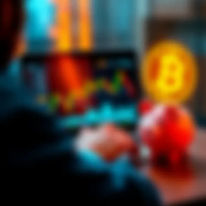 A person with a laptop showing Bitcoin charts and a piggy bank, representing a beginner starting to invest in Bitcoin.