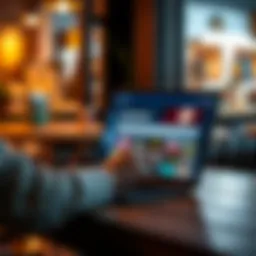 A person searching online for beginner-friendly hackathons, with a laptop and a coffee cup on the table.