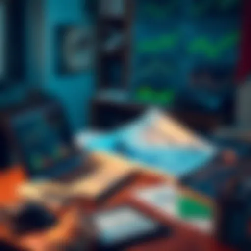 A beginner investor reviewing financial charts and documents on a desk with a laptop and investment books.