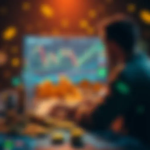 A person looking at cryptocurrency charts on a laptop, surrounded by coins and digital graphics, representing the start of a crypto investment journey.