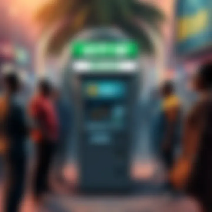 A Bitcoin ATM surrounded by people discussing cryptocurrency access in an African city