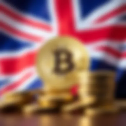 A stack of Bitcoin coins next to the British flag, symbolizing potential tax strategies in the UK.