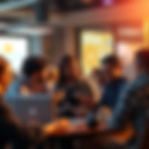 A group of people engaging in a lively discussion about Bitcoin with laptops and smartphones.
