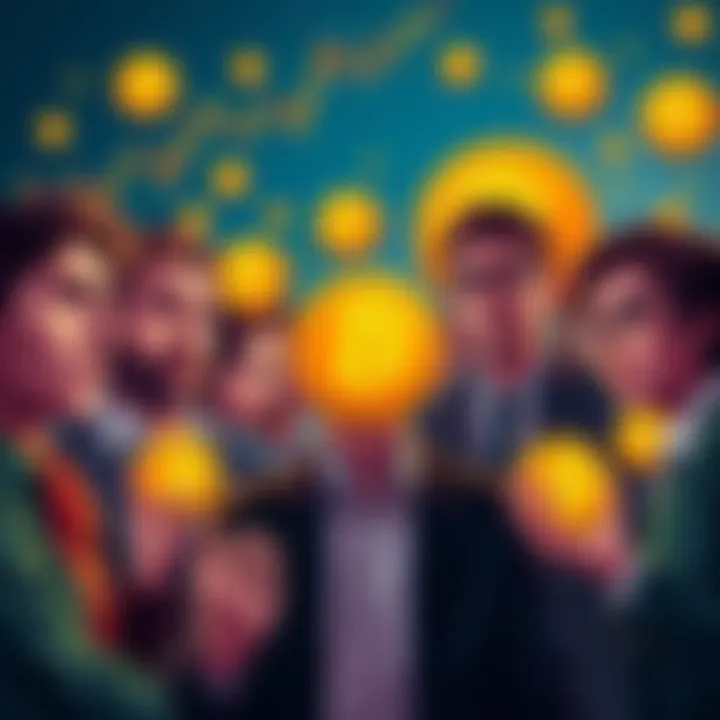 A group of people discussing Bitcoin with different expressions, some looking confident and others doubtful, surrounded by Bitcoin symbols and charts showing market trends.