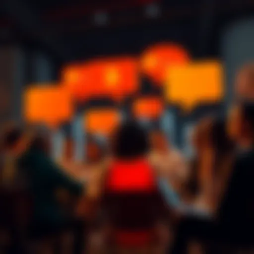 People engaging in a conversation about Bitcoin with chat bubbles and laptops.