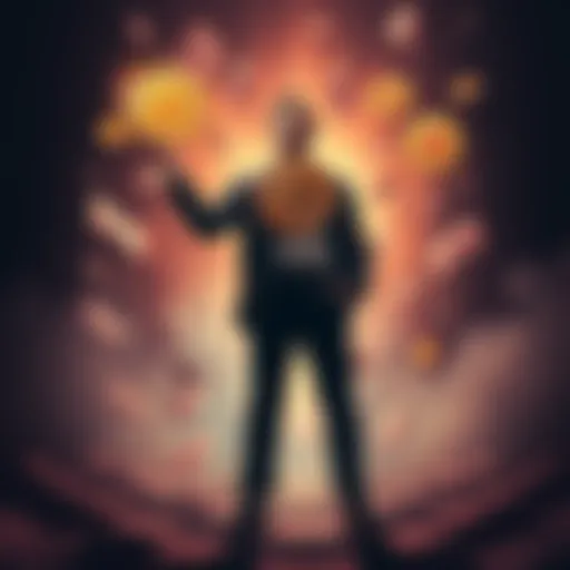 A person standing confidently with a Bitcoin symbol in hand, surrounded by financial documents, representing control over finances and freedom.