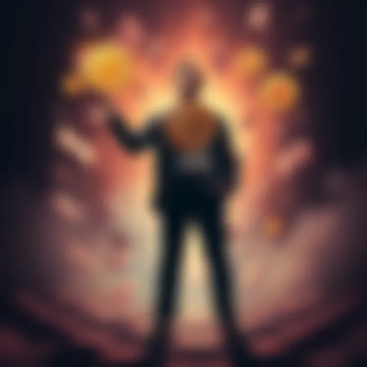 Bitcoin Empowerment A person standing confidently with a Bitcoin symbol in hand, surrounded by financial documents, representing control over finances and freedom.