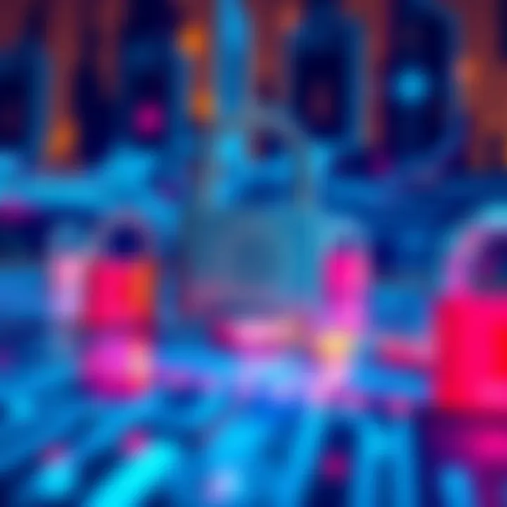 A visual representation of bitcoin style encryption with digital locks and symbols, highlighting security in online transactions.