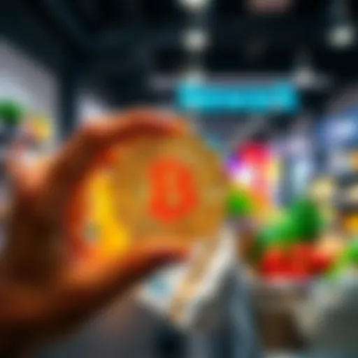 A person holding a Bitcoin symbol with shopping bags and groceries in the background