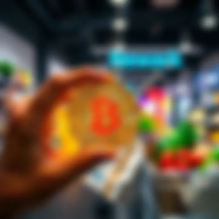 A person holding a Bitcoin symbol with shopping bags and groceries in the background