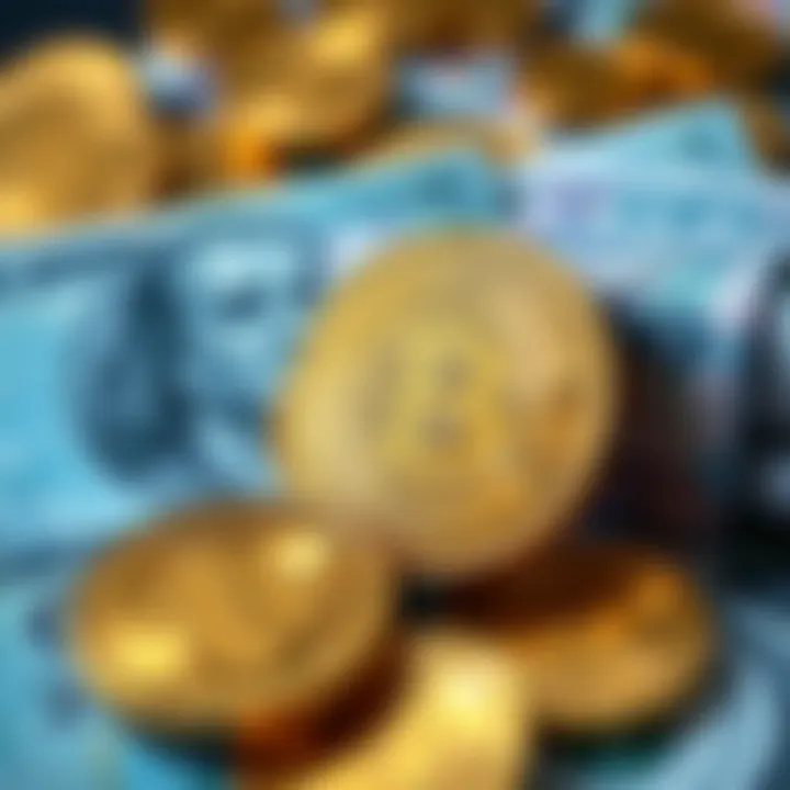 Bitcoin and Fiat Currency Representation of Bitcoin coins and fiat currency notes, highlighting the contrast between cryptocurrency and traditional money, symbolizing the issue of off-ramps.