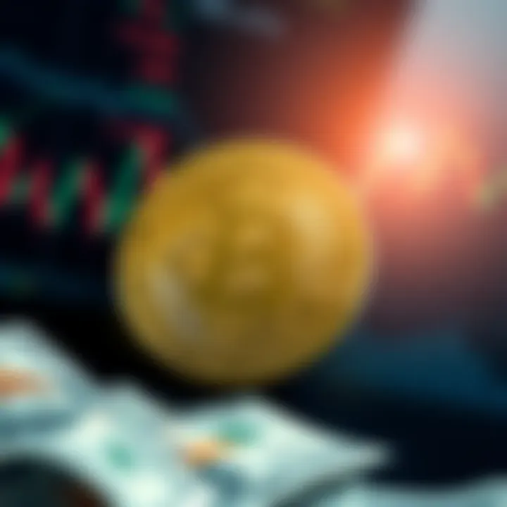 Bitcoin Symbol with Financial Background A bold Bitcoin symbol against a backdrop of financial charts and currency notes, representing its impact on the economy.